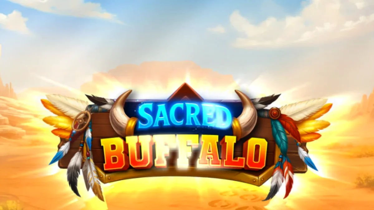 Pemandangan visual slot Sacred Buffalo dengan simbol kerbau dan totem di latar belakang gurun