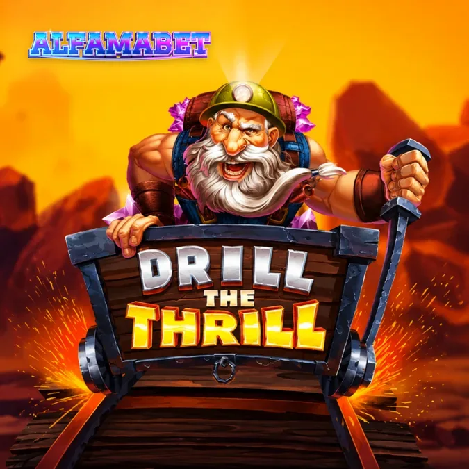 Tampilan visual slot Drill the Thrill dengan tema pertambangan dan karakter penambang